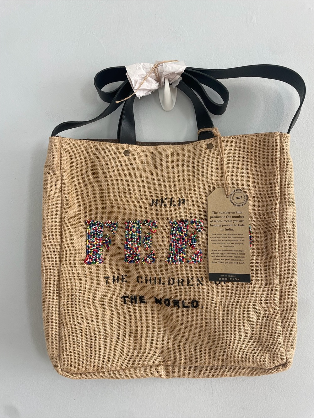 FEED Hand Beaded Burlap Tote Bag Shoulder Bag WFP Kenya Project Sustainable NWT